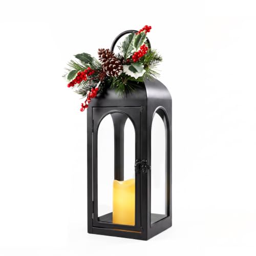 Bdor 16 Inch Black Metal Christmas Lantern with Remote LED Candle and Timer