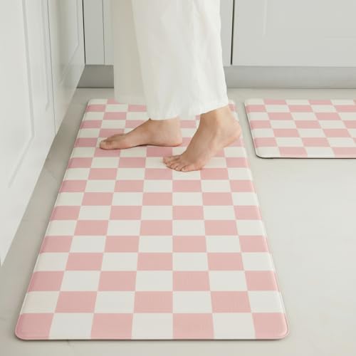Ohocut Pink Checkered Kitchen Mats for Floor Set of 2, 2 Pcs Cushioned Non Slip Runner Rugs for Kitchen/Sink/Laundry, Comfort Aesthetic Cute Anti-Fatigue Foam Floor Mat 17.3"x29.5"+17.3"x47.2" - color: Pink