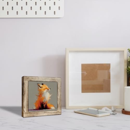 Fox Desk Decor Wooden Box Sign 5.9x5.9, Rustic Animal Oil Painting Style Tabletop Plaque, Cozy Woodland Shelf Counter Accent, Minimalist Housewarming Gift for Home
