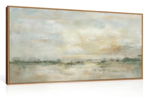 LHIUEM Large Abstract Green Gray Pastel Framed Canvas Wall Art,Neutral Landscape Wall Decor,Modern Watercolor Lake Artwork,Beige Textured Illustrations Art for Living Room,Bedroom,Office- 20"x40"x1 - color: Neutral Green Wall Art, size: 40"L x 20"W
