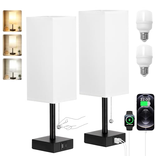 Set of 2 White Bedside Table Lamps for Bedroom - Nightstand Lamp, USB C+A - color: White & Black (2PCS), size: 14.3in