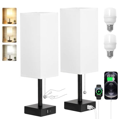 Set of 2 White Bedside Table Lamps for Bedroom - Nightstand Lamp, USB C+A - color: White & Black (2PCS), size: 14.3in