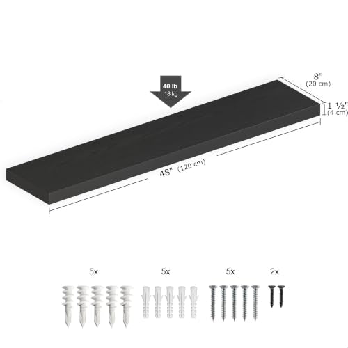 Ballucci Floating Shelf, 48" Wood Wall Shelf with Invisible Brackets for Bathroom, Living Room, Bedroom, Kitchen, Nursery, 8" Deep, Black - color: Black, size: 47.2 inches