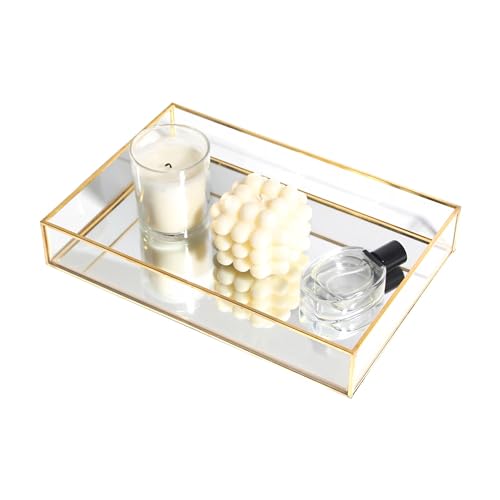 Feyarl Gold Glass Perfume Fragrance Tray Mirror Vanity Jewelry Trinket Magazine Photo Organizer Ornate Cosmetic Makeup Display Decorative Coffee Table Tray for Home Decor Dresser Tabletop （11.8” x 8"）