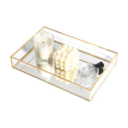 Feyarl Gold Glass Perfume Fragrance Tray Mirror Vanity Jewelry Trinket Magazine Photo Organizer Ornate Cosmetic Makeup Display Decorative Coffee Table Tray for Home Decor Dresser Tabletop （11.8” x 8"）