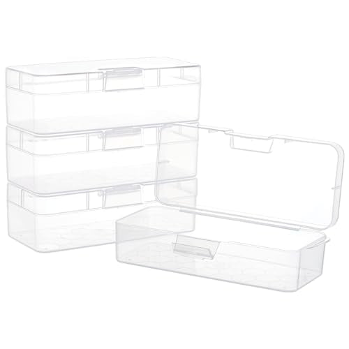 BENECREAT 4 Packs Rectangle Plastic Container Box, 6.4x2.6x1.8inch Clear Storage Organizer with Hinged Lid and Hanging Hole for Small Craft Accessories Office Supplies - size: 6.4x2.6x1.8inch