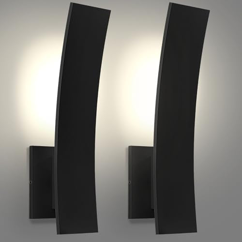 LUXRITE 15-Inch LED Curved Outdoor Wall Sconce, 5CCT Selectable 2700K–5000K, 1000 Lumens, 15W, IP65 Waterproof, CRI 90, 90° Beam Angle, Exterior Light Fixture, ETL Listed, Black (2 Pack) - size: 2 Count (Pack of 1)