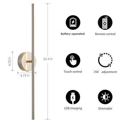 KARTOOSH Battery Operated Wall Sconces Set of Two Wireless Wall Lights - color: Nickel, size: 32.2 Inches