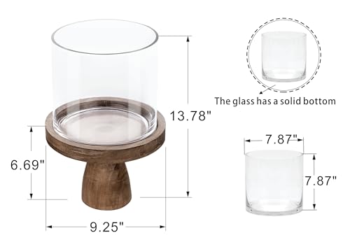 9" Wide Farmhouse Glass Hurricane Candle Holder & Glass Vase with Vintage Natural Sturdy Solid Wooden Base for Pillar & Flower Arrangement, Terrarium, Centerpiece, Console Table, Dining Table, Mantel - color: Old Natural, size: 9"x13.5"