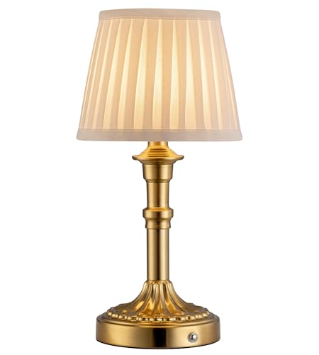 KDG Gold Cordless Portables Table Lamp, Beige Fabric Shade Small Desk Lamp - color: Gold + Beige Lampshade