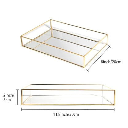 Feyarl Gold Glass Perfume Fragrance Tray Mirror Vanity Jewelry Trinket Magazine Photo Organizer Ornate Cosmetic Makeup Display Decorative Coffee Table Tray for Home Decor Dresser Tabletop （11.8” x 8"）