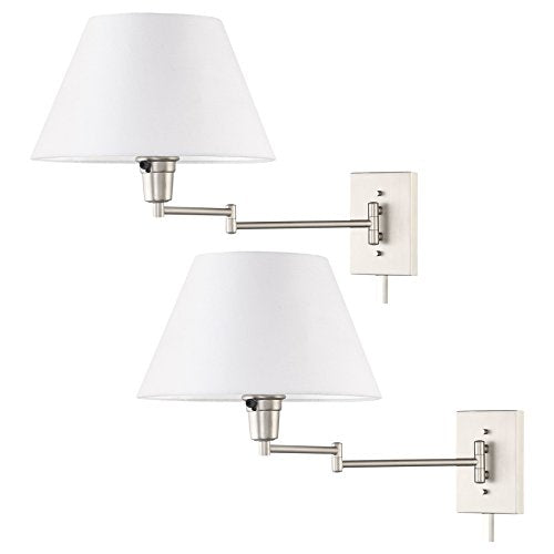 Kira Home Cambridge 15" Modern Swing Arm Wall Sconce + 3-Way Switch, 2-Pack - color: Brushed Nickel,White Shade,2-Pack
