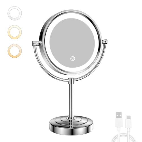 GURUN 8.5" LED Tabletop Makeup Mirror Dimmable Double Sided Chrome 10x - color: Chrome 10x