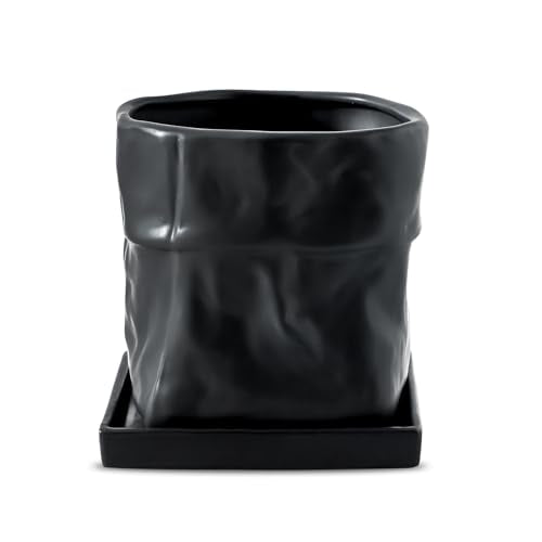 Nihow 6 Inch Ceramic Plant Pot with Drainage & Square Saucer,Black - color: Black, size: 6 Inch