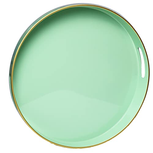 Spsyrine Round Green Plastic Decorative Tray, 13'' Modern Tray with Handles, Marble Pattern, for Breakfast, Coffee Table, Bathroom, Kitchen, Living Room - color: Green