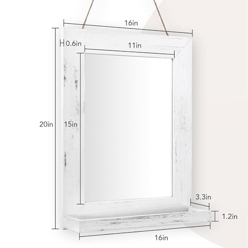 QDSSDECO 16" x 20" Farmhouse Wall Mirror with Shelf and Hemp Rope, White - color: White With Hemp Rope