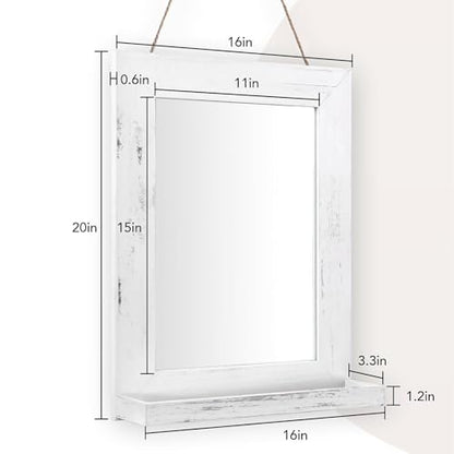 QDSSDECO 16" x 20" Farmhouse Wall Mirror with Shelf and Hemp Rope, White - color: White With Hemp Rope