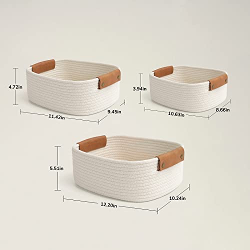 CHICVITA 3 Pack Woven Rope Gift Basket with Leather Handles, White - color: White, size: 11.4 x 10.6 x 5.5 Inch (3 Pack)