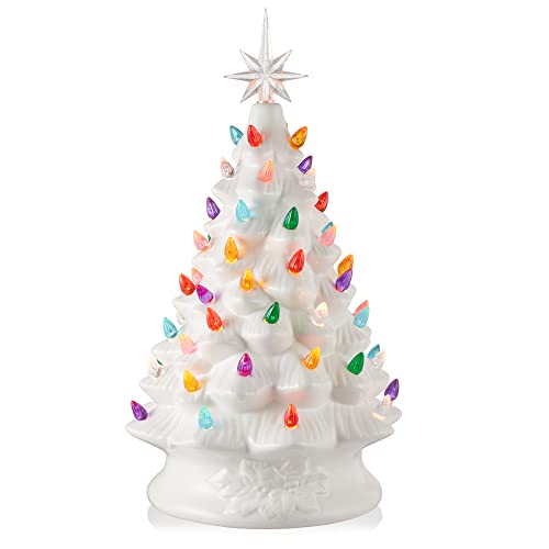 Casafield Hand Painted Ceramic Christmas Tree, White 15-Inch Pre-Lit Tree with 128 Multi Color Lights and 2 Star Toppers - color: White