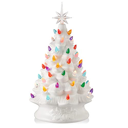 Casafield Hand Painted Ceramic Christmas Tree, White 15-Inch Pre-Lit Tree with 128 Multi Color Lights and 2 Star Toppers - color: White