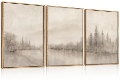 Aurlan Large Abstract Misty Lake Tree Framed Canvas Wall Art Set-24"x36"x3 | Neutral Soft Woodland Landscape Wall Decor,Minimalist Modern Forest Lakes Artwork for Living Room,Bedroom,Farmhouse - color: Misty Lake Tree Wall Art, size: 24"L x 36"W