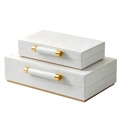 Decorative Storage Boxes with Lids for Home Decor Set of 2 - Large White PU Leather Memory Box for Keepsakes, 8 Necklace Hooks & Elastic Pocket, Floating Base with Gold Handles, Photo & Modern Jewelry
