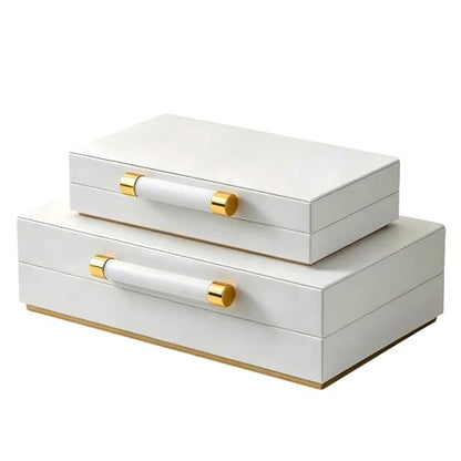Decorative Storage Boxes with Lids for Home Decor Set of 2 - Large White PU Leather Memory Box for Keepsakes, 8 Necklace Hooks & Elastic Pocket, Floating Base with Gold Handles, Photo & Modern Jewelry
