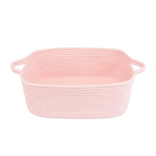 XUANGUO Medium Woven Cotton Rope Storage Basket with Handles, Light Pink - color: Light pink