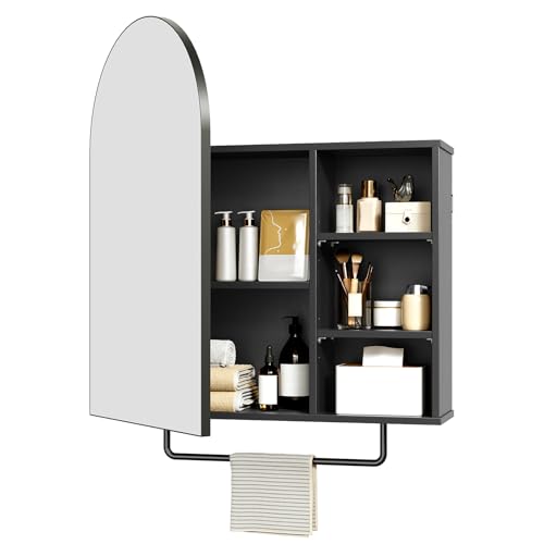RALGEND Arched Bathroom Medicine Cabinet Mirror with Storage, Modern Arch Mirrored Cabinets, Wall-Mounted Vanity with 2 Adjustable Shelves & Towel Bar, Not Recessed, Black - color: Black