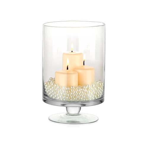 WGVI Clear Glass Pedestal Hurricane Candle Holder, 5.9" W, 9.9" H, Decorative Vase for Pillar Candles, Short Stemmed Candleholder Cylinder, Tabletop Centerpieces, Home Décor, Elegant Design, 1 Piece - size: 10" H