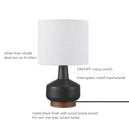 Globe Electric 15" Ceramic Table Lamp, Matte Black Base, Wood-Toned Accent, White Linen Shade, Dual Rotary Switch, Modern Bedroom or Office Lighting, 61000046 - color: Black