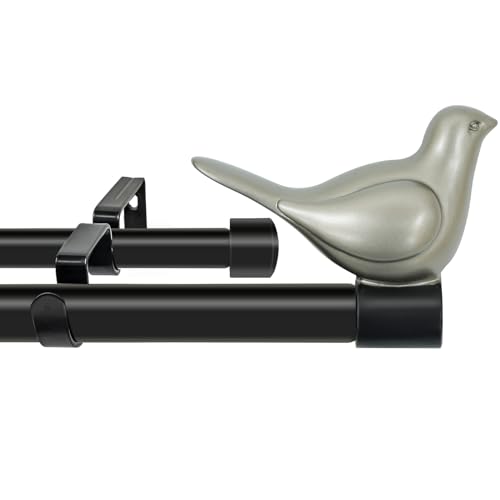 3/4" Diameter Farmhouse Double Window Treatment Curtain Rod, Pewter Bird Finials (28"-48", Black Rod) - color: Black with Pewter Finial, size: 28"-48"