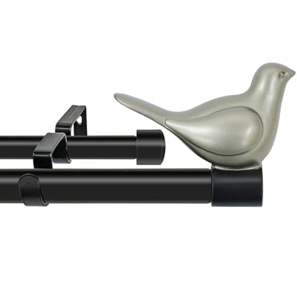 3/4" Diameter Farmhouse Double Window Treatment Curtain Rod, Pewter Bird Finials (84"-120", Black Rod) - color: Black with Pewter Finial, size: 84"-120"