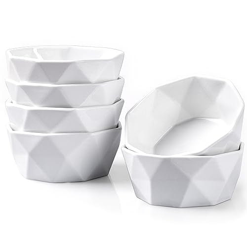 DELLING 6 Oz Porcelain Ramekins Set of 6, Geometric Creme Brulee Ramekins Oven Safe, Souffle Dishes for Baking Dessert Ice Cream Snack, Small Ceramic Bowls Dishwasher Microwave Freezer Safe, White - size: 6oz
