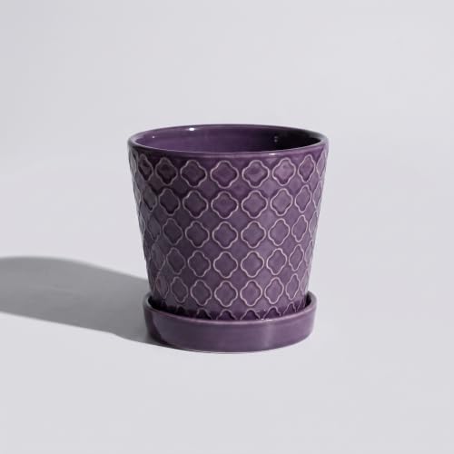 EFISPSS Ceramic Plant Pots, 5 Inch Planters with Drainage Holes and Ceramic Tray, Relief Design Flower Planter, Desktop Office Windowsill Decoration Gift Set of 4 - Purple - color: Purple
