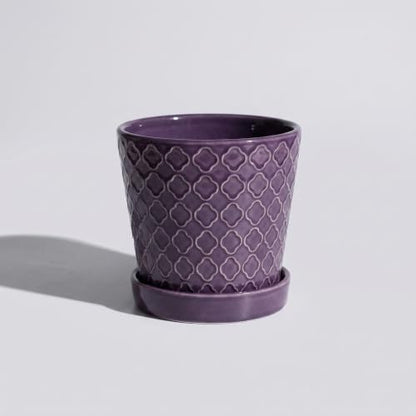 EFISPSS Ceramic Plant Pots, 5 Inch Planters with Drainage Holes and Ceramic Tray, Relief Design Flower Planter, Desktop Office Windowsill Decoration Gift Set of 4 - Purple - color: Purple