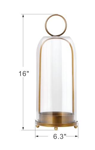 16" High Versatile Modern Metal Hurricane Lantern with Handmade Sturdy Glass Dome in Antique Brass for Pillar Candle & Plants, Industrial, Farmhouse, Shabby Chic (Brass, 6.3"x16.5") - color: Brass, size: 6.3"x16.5"
