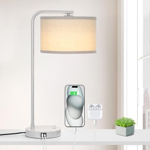25" Tall Table Lamp with USB C+A Ports, Fully Dimmable Nightstand Lamp - color: Gray