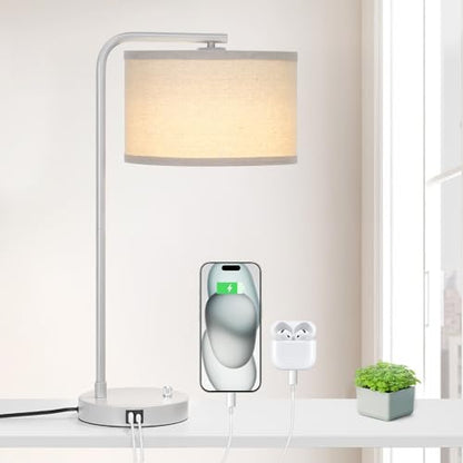 25" Tall Table Lamp with USB C+A Ports, Fully Dimmable Nightstand Lamp - color: Gray