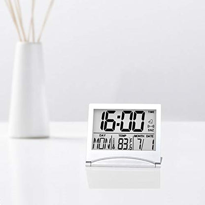Betus Digital Travel Alarm Clock - Foldable Calendar Temperature Timer LCD Clock with Snooze Mode - Large Number Display, Battery Operated - Compact Desk Clock for All Ages (Silver Pack of 2) - color: Silver Pack of 2