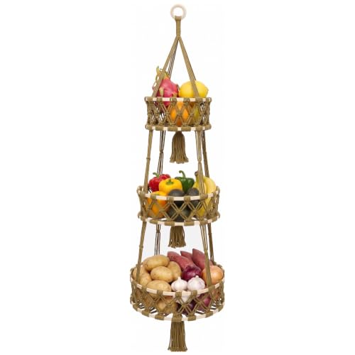 3-tier Hanging Fruit Baskets for Kitchen, Woven Cotton Rope Fruit Hammock, Macrame Hanger Holder for Fruit Vegetable Produce Storage & Organization, Boho Hanging Plant Holder for Indoor Outdoor - color: Caramel
