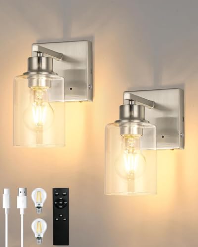 Rayogale Wireless Battery Operated Wall Sconce Set of 2 with Remote Control | Nickel Dimmable Rechargeable Wall Lights with Timer, Easy Install Glass Lamp for Living Room Bedroom, Emergency 3000K - color: Nickel(Clear Lampshades)