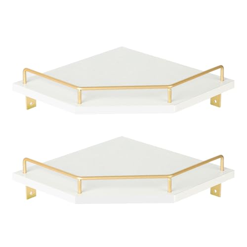 Tirzah White Wall Mount Corner Shelf with Gold Metal Guardrail, 2-Tier 9.5-inch Diamond-Shaped Wood Corner Floating Shelves for Home Decor Kitchen Organizer - color: White