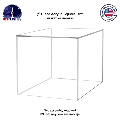 7" Acrylic Display Riser Box with One Open Side No Lid Versatile Clear Square Retail Merchandise Storage Bin or POP Product Platform No Assembly by Marketing Holders - size: 7" Cube-Clear