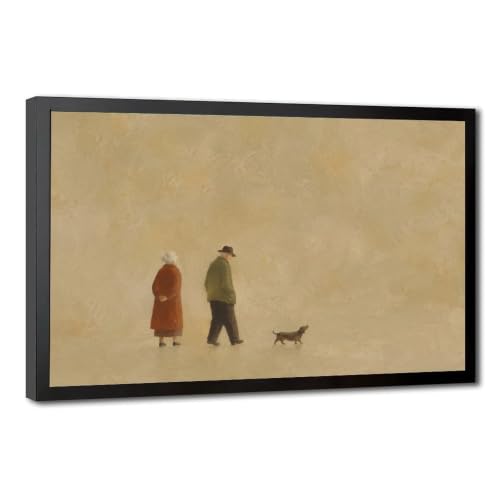 Canvas Wall Art Elderly Couple Walking Dog Minimalist Neutral Living Decor - color: Black Framed, size: 18"L x 12"W