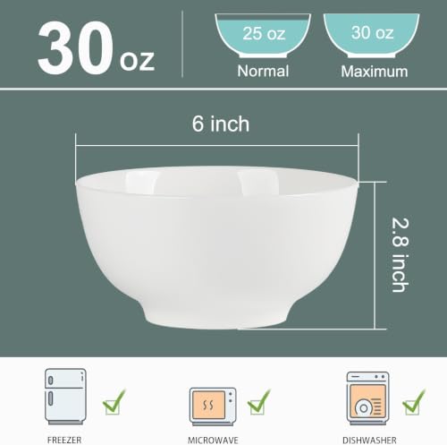 30 oz Ceramic Bowls Set of 6, 6 Inch Off-White Soup & Cereal Bowls - size: 6 inch 30 oz (White Rim)