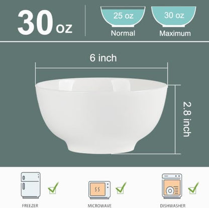 30 oz Ceramic Bowls Set of 6, 6 Inch Off-White Soup & Cereal Bowls - size: 6 inch 30 oz (White Rim)