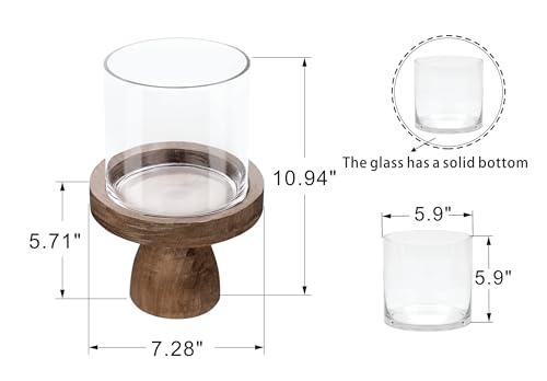 7" Wide Farmhouse Glass Hurricane Candle Holder & Glass Vase with Vintage Natural Sturdy Solid Wooden Base for Pillar & Flower Arrangement, Terrarium, Centerpiece, Console Table, Dining Table, Mantel - color: Old Natural, size: 7"x10"
