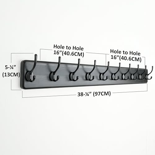 Dseap Coat Rack Wall: 38-1/4" Long, Patented, Heavy-Duty, 10-Double-Hooks Wooden Wall Mounted Coat Rack Coat Hanger Hook Rail for Winter Coats Hat Jacket Clothing, Black - color: Black, size: L=38.3"(1pcs)