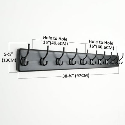 Dseap Coat Rack Wall: 38-1/4" Long, Patented, Heavy-Duty, 10-Double-Hooks Wooden Wall Mounted Coat Rack Coat Hanger Hook Rail for Winter Coats Hat Jacket Clothing, Black - color: Black, size: L=38.3"(1pcs)